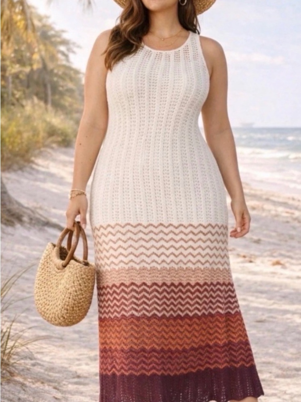 Lane Bryant Cream to Rust Ombré Knit Chevron Print Maxi Dress